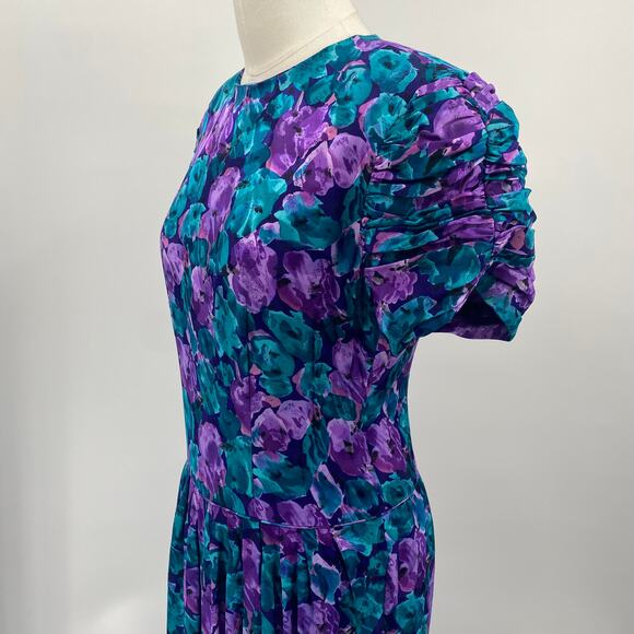 Vintage 80s Maggy London Silk Dress Ruched Sleeves Floral Printed Blue Womens 6 - Picture 4 of 10